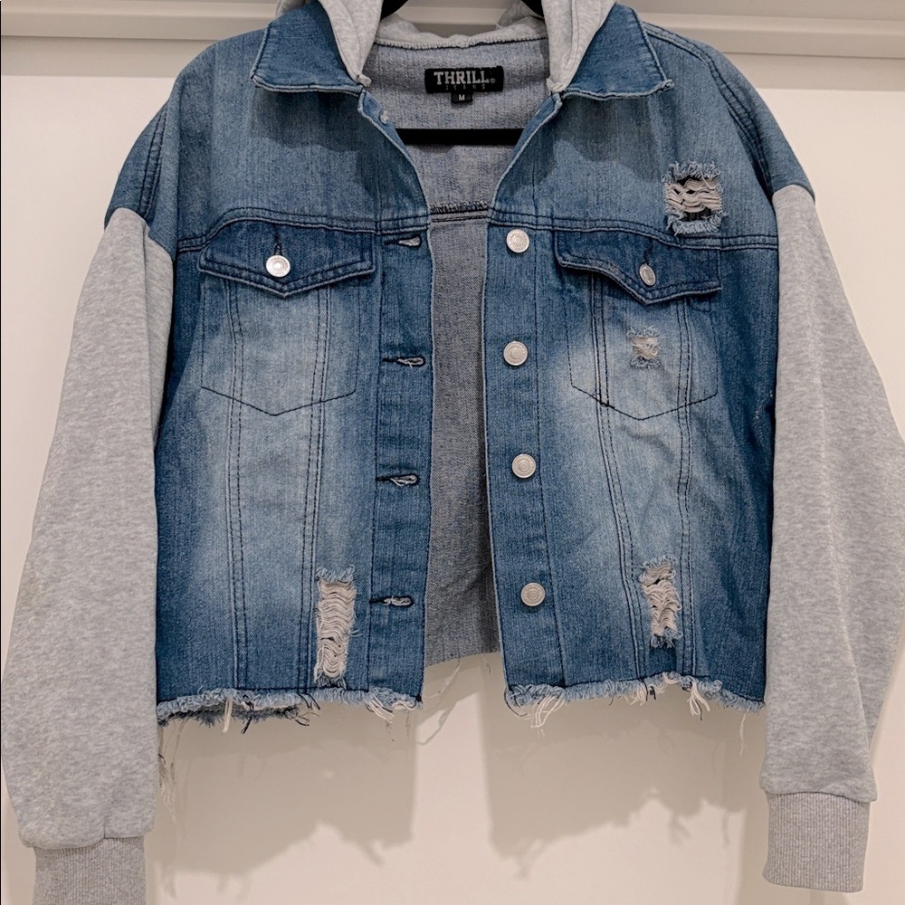 [Thrill Jeans] Distressed Hooded Sweatshirt Button-Up Denim Jacket Women’s Sz M - Picture 2 of 14